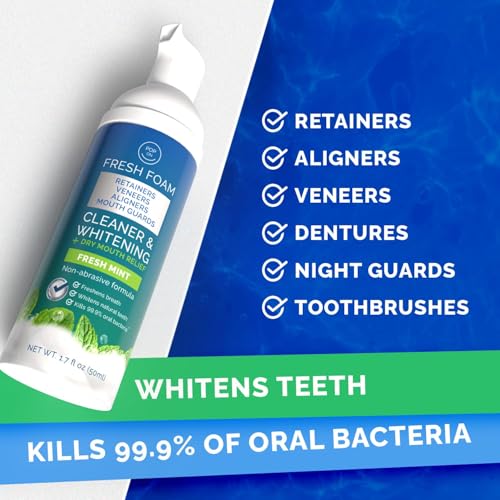 Aligner & Retainer Cleaner Fresh Foam ? Dry Mouth Relief, Compatible with All Clear Aligners, Retainers, Mouth Guards, Night Guards, Veneers, Whitens, Freshens, 3% Hydrogen Peroxide, Mint - 50ml 3pcs