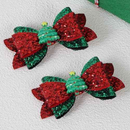 Christmas Glitter Hair Bow Clips Cute Christmas Tree Hairpins Sparkly Girls Hair Accessories for Xmas Party, Red&Green
