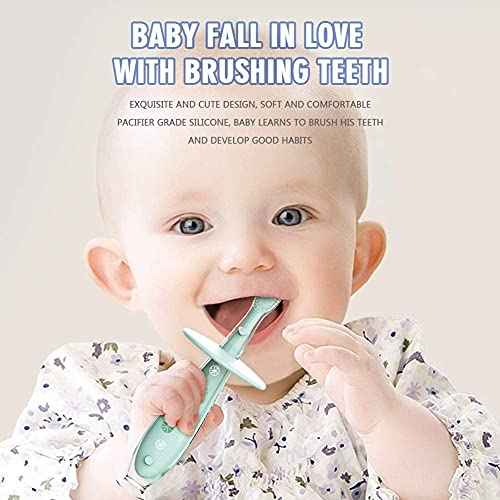 Baby Toothbrush with Suction Base - Gentle Cleaning for Toddler's Self-Brushing Training, Food-Grade Silicone, Extra Soft/Tough Bristles, BPA/Phthalate Free, Anti-chocking/Anti-Fall Design-2 Pack