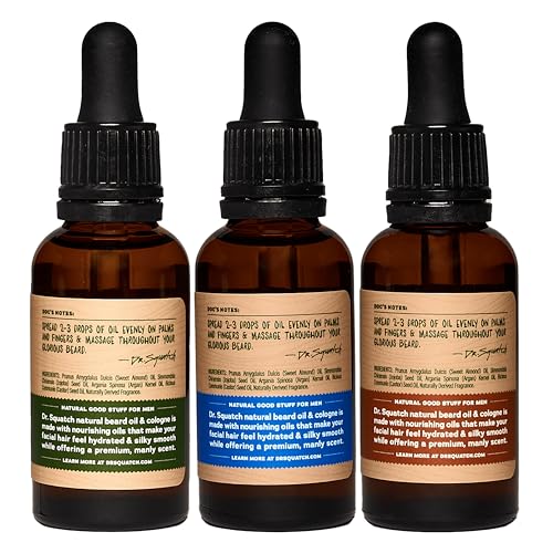 Dr. Squatch Conditioning Beard Oil & Cologne 3 Pack - Natural Men's Beard Oil Gift Pack - Nourish & Moisturize - Long Lasting Scent - Fireside Bourbon, Glacial Falls, Woodland Pine