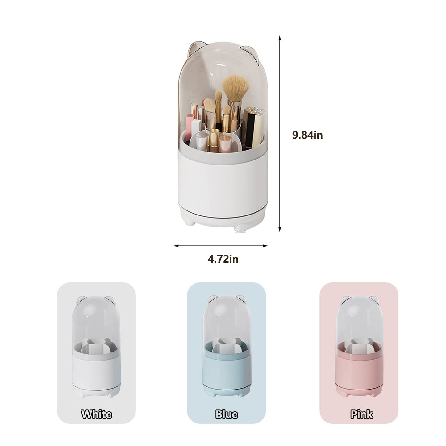 LtyTz Cute Makeup Brush Holder Organizer with Lid, Rotating Dustproof Make Up Brushes Container with Clear Acrylic Cover for Vanity Desktop Bathroom Countertop