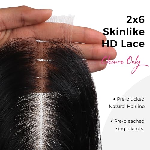 Lashey 2x6 SKINLIKE HD Lace Closure Human Hair Straight, 0.10mm Ultra-Thin Invisible HD Lace, Pre-Bleached Knots and Pre-Plucked Hairline 18 Inch Natural Black
