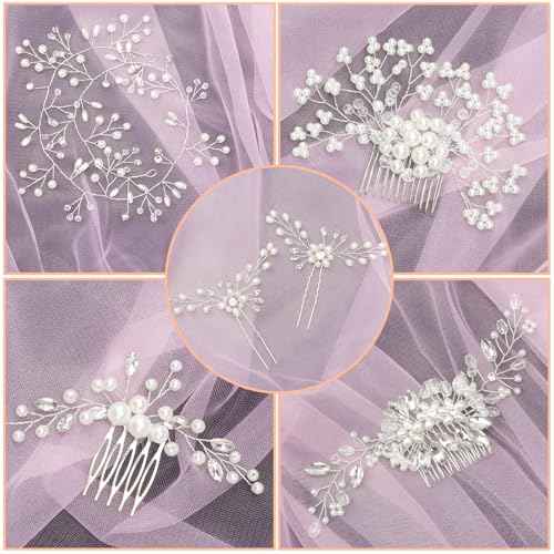 Gingbiss Wedding Hair Accessories Set for Bridal, Silver Pearl Rhinestone Hair Pins Wedding Hair Comb for Brides Bridesmaids Women Girls