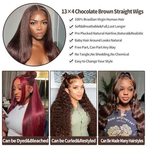 30 Inch Chocolate Brown Lace Front Wig 200% Density 13x4 Straight Full Frontal Wigs Human Hair Pre Plucked with Baby Hair 12A Grade Glueless Chocolate Brown Wig for Women
