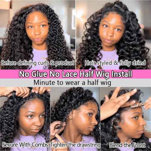 Half Wig Human Hair Water Wave Glueless Curly Half Wig Invisible Hairline 200 Density Seamless Flip Over Design for Beginners with Wear Go Headband Wigs for Women 18 Inch
