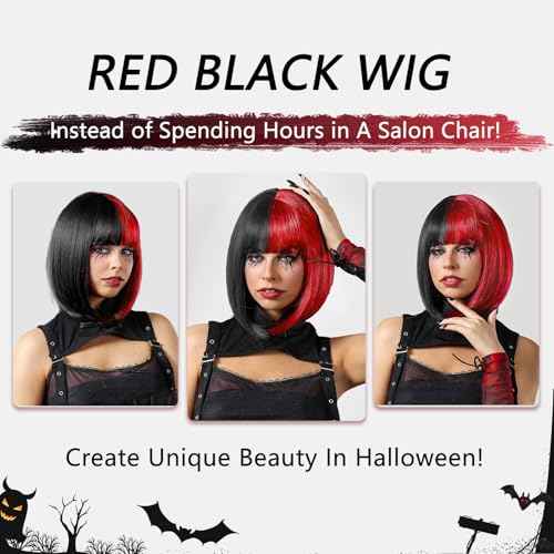 Half Red Half Black Wig with Bangs for Women 12 Inch Stright Color Bob Wigs Heat Resistant Synthetic Wig for Halloween Party Cosplay Wigs