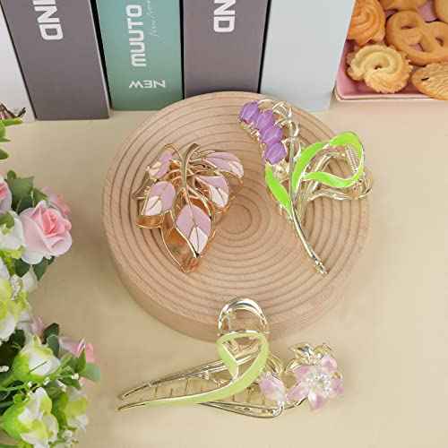 3-Piece Flower Metal Hair Clips, Purple Leaves Shape Hair Claw for Thin/Medium Hair, Elegant Lily Floral Barrettes - Strong Hold, Non-Slip Cute Accessories for Thick Hair