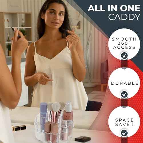 Masirs Small Rotating Makeup Organizer - Mini Yet Spacious Cosmetic Storage Solution with Multiple Compartments - The Perfect Spinning Make-Up Caddy for Vanity or Bathroom Counter (Round - Clear)