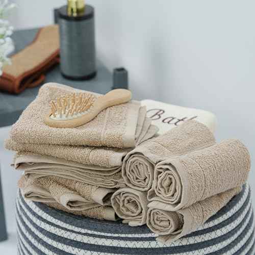 Tens Towels Pack of 12 Washcloths, 12 x 12 Inches, Lighter Weight, Quick to Dry, Super Soft & Absorbent, Gentle Face Towels, Hotel Quality, Perfect for Bathroom, Gym, Spa (Beige, 12 Pack)
