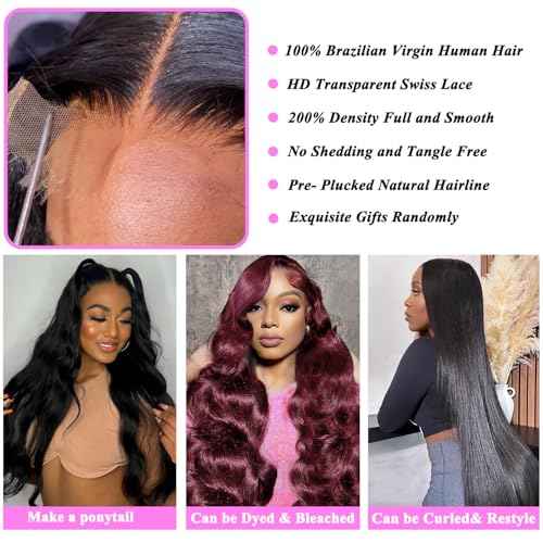 30 Inch 13x6 Body Wave Lace Front Wigs Human Hair 200 Density HD Transparent Lace Frontal Wigs Pre Plucked with Baby Hair Body Wave Glueless Wigs Human Hair for Women Natural Black