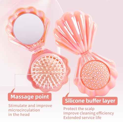 Iridescent Shell Folding Hair Brush with Mirror, Compact Travel Size Mermaid Hair Brush for Purse, Portable Brush Mini Pocket Mirror Massage Comb for Women (PINK)