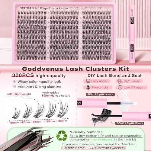 Lash Clusters Kit Wispy Eyelash Clusters Lashes Natural DIY Lash Extension Kit 10-16mm Cluster Eyelash Extensions Kit 300pcs C Curl Individual Lashes Cluster Eyelash (No Tweezers)