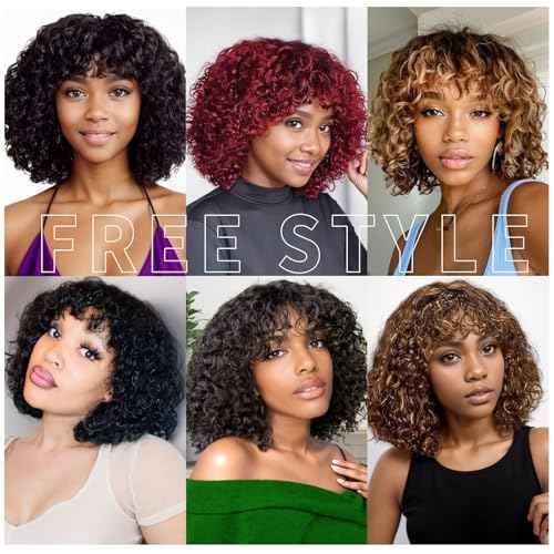 Short Curly Wig With Bangs Human Hair Curly Human Hair Wig With Bangs For Women Glueless 250% Density Water Wave Human Hair Wig With Bangs Natural Black 12Inch