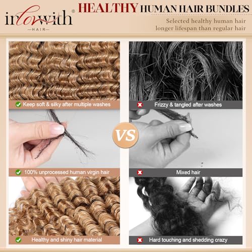 inlovwith Honey Blonde Deep Wave Human Hair Bundles, Selected Healthy Deep Curly Bundles Human Hair 27# Colored Brazilian Virgin Hair Wet and Wavy (Single Bundle, 20 Inches)
