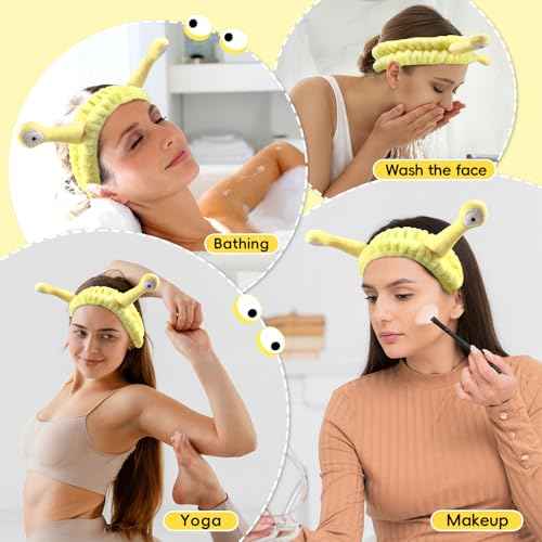 Face Wash Headband, Skincare Wrist Bands For Washing Face Set Spa Hair Bands come with a Hair Scrunchie, Cute Yellow snail tentacle Elastic Headband, For Face Washing Makeup Skincare (Yellow)