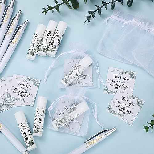 50 Set Wedding Thank You Gifts, Thank You Lip Balm Bulk Retractable Ballpoint Pen Appreciation Card Organza Drawstring Gift Bag Bridal Shower Gift for Guest Wedding Party(Eucalyptus Leaf)