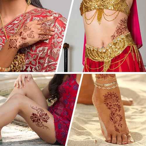 Henna Tattoo 12 Sheets Red Brown Henna Mehndi Temporary Tattoos for Women and Teen Girl, Waterproof Realistic Fake Tattoos for Wedding Beach Rave Festival Party Makeup Body Paint Parties Friends etc