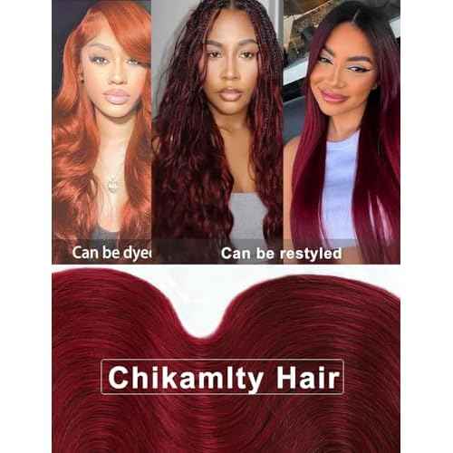 Ombre Bundles Human Hair, 13A Raw Indian Hair Bundles Body Wave, 16 Inch Colored 1B99J Burgundy Red Human Hair Bundles, Triple Service Life Keep Texture Silky Soft Tangle-Free