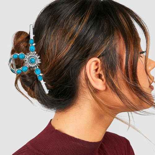 2 PACK Extra Turquoise Blue Stone Sun Hair Claw Clip, Metal Retro Style Hairpin Western Hair Clip, Nonslip Hair Accessories for Thick Hair