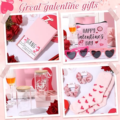 Abbylike 40 Pcs Galentine's Day Gift Include Gift Box Glass Cup Makeup Bags Plush Socks Greeting Cards Velvet Hair Scrunchies Bracelets Sunglasses for Women Friend Bestie Valentine Party Favors