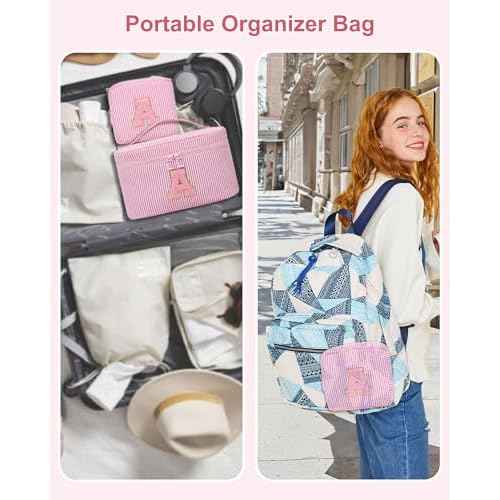 Initial Makeup Bag Set for Girls&Women,Monogram Cosmetic Bag with Brush Holder,Personalized Make Up Case for Girlfriend Graduation Teacher Gifts,Cute Toiletry Bag Preppy Chenille Letter Patch,Pink A