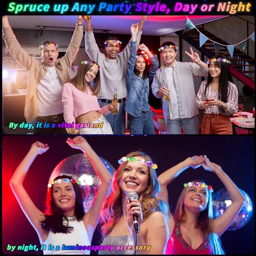 80 Pcs LED Flower Crown Headband Glow Floral Wreath Crown for Women Light Up Flower Headband Glow in the Dark Hair Accessories for Wedding Birthday Cosplay Halloween Christmas Beach Party Favor