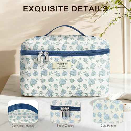 TOPEAST Makeup Bag for Women Girl, 3Pcs Large Cotton Travel Make up Bags, Cute Quilted Floral Cosmetic Pouch with Zipper, Potable Brushes Toiletry Bag Sets, Blue Floral