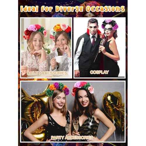 Zeyune Mexican Flower Headband Fiesta Rose Flower Crown Costume Mexican Headpiece for Women Party Cosplay Halloween(Bright Color,8 Pcs)