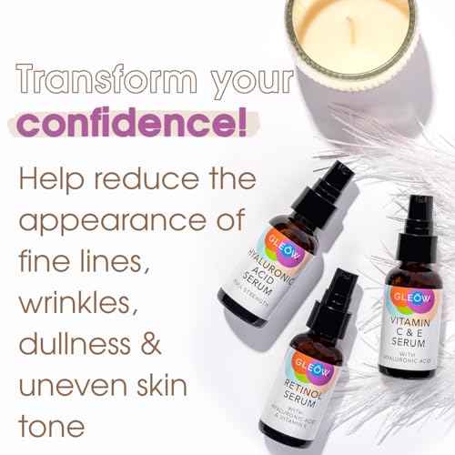 GLEOW Retinol Serum for Face, Vitamin C with Hyaluronic Acid Face Serum for Women and Men, Glow Total Package Skin Care Set, Targets Appearance of Uneven Skin Tone and Dryness 3x2 oz