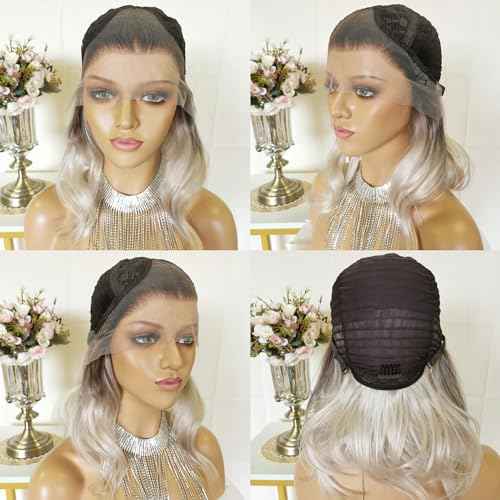 Short Ash Blonde Wigs Highlight Platinum Color Ombre Silver Hair Bob Style 13x4 Lace Front Wig 14Inch Pre Plucked for Women Girls