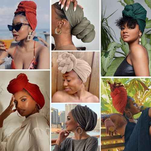 COOKOO 2 Piece Long Solid Color Stretch Head Wrap African Women's Jersey Turban Fashion Head Scarf Ultra Soft Extra Long Headwraps Lightweight Breathable Head Bands Ties for Women(Black+Army Green)