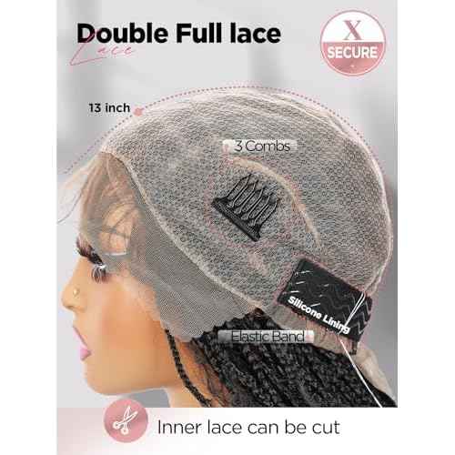 Full Lace Box Braid Wig with Baby Hair Pre Plucked Knotless Square Part Braided Wig for Black Women Full Double Lace Frontal Synthetic Handmade Braids Natural Hairstyle(1b, 32")