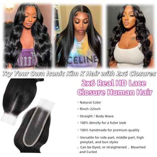2x6 HD Lace Closure Body Wave Human Hair 16inch Real HD Transparent 100% Brazilian Virgin Middle Part Pre Plucked with Baby Hair Natural Color Kim K 2x6 Closure