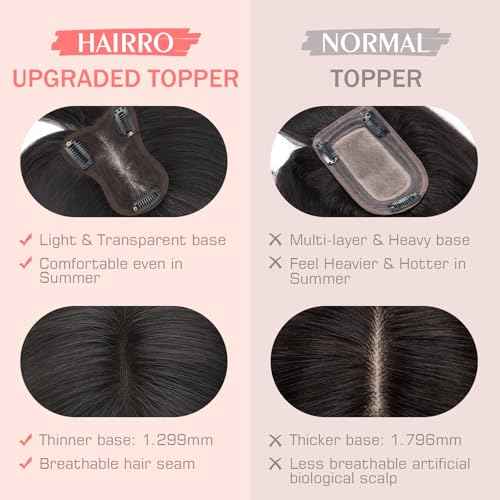 Hairro 100% Human Hair Toppers with Bangs, 360¡Æ Cover 3D Clips on Thin Hairpieces for Women, 3.15"x4.33" Silk Base Lightweight for Covering Greyish Hair on Top, 11 Inch Natural Black