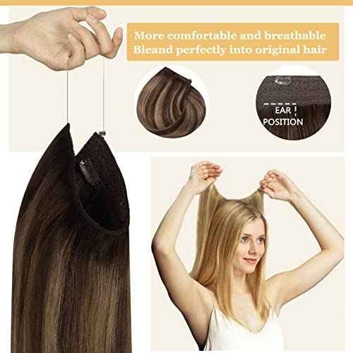 Anrosa Fish Line Invisible Hairpiece for Women Balayage Dark Brown to Chestnut Brown Extensions with Transparent Straight Real Human Hair Extensions 12 Inch 70G Wire Hair Extensions Adjustable Clips
