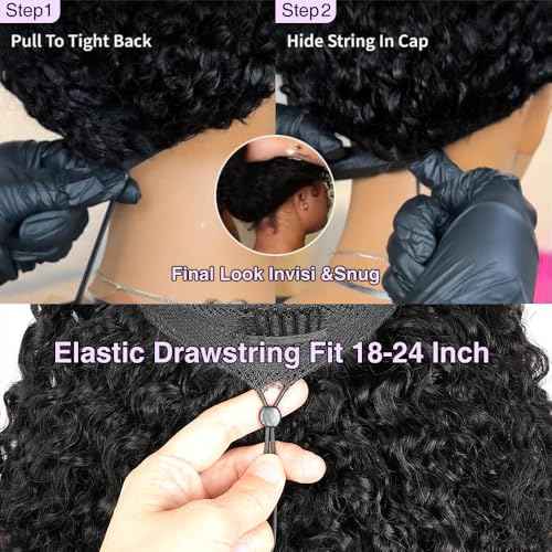 7x6 Burmese Curly Glueless Wigs Human Hair Pre Plucked Pre Cut 250% Density Drawstring Wig Human Hair 7x6 HD Lace Front Wigs Human Hair for Black Women Wear and Go Glueless Wig Natural Color 24inch