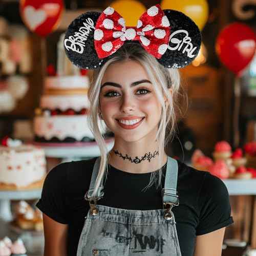 Birthday Mouse Ears Headband, Sequin Bow Headbands for Women Party Favors Cosplay Accessories