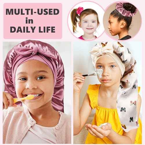 Long Kids Bonnets for Girls,Double Layer Satin Bonnet for Sleeping Kid,Bonnet for Girl Braids Long Hair Rose Gold