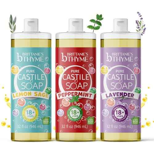 Brittanie's Thyme Pure Castile Liquid Soap Variety, Lavender/Peppermint/Lemon, 32 oz Pack of 3 | For Hair & Body, Gentle and Pure, Made with Natural Luxurious Oils, Vegan & Gluten Free Non-GMO