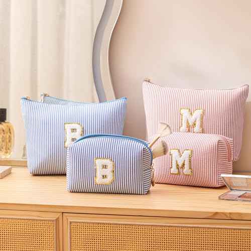 Pink Personalized Initial Makeup Bag Set, Cute Preppy Travel Toiletry Cosmetic Bags, Small Make Up Pouch, Birthday Gifts for Women, Girls, Friends, (M)