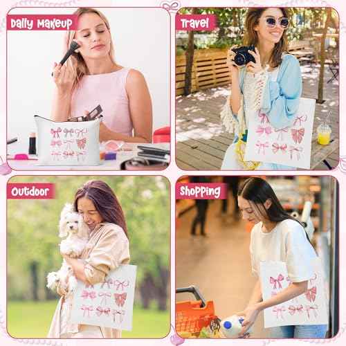 Y1tvei Pink Bows Canvas Bag - 2Pcs Coquette Bowtie Preppy Makeup Bag Set Cute Aesthetic Pink Bow Canvas Tote Bag, Reusable Grocery Folding Shopping Bag, Stuff Zipper Pouch Gifts for Women Party Favors