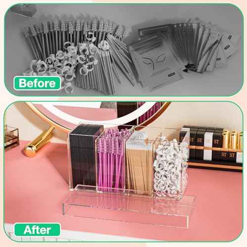 Lash Extension Organizer with Lid, Acrylic Lash Organizer for Lash Techs, Lashes Supplies Container for Vanity with Anti-Slip Pads, Clear Storage Box for Eyelash Tools Makeup Brush Hair Accessories
