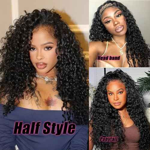 SENSAIRUITE Half Wig Human Hair Curly Deep Wave Half Wigs for Women - Upgrade Drawstring 3 in 1 Seamless Flip Over Glueless Wig 24-inch Natural Black