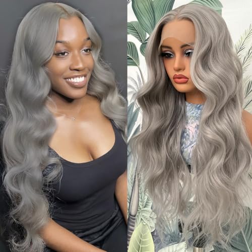 Lovestory 13X4 Silver Gray Long Wavy Synthetic Lace Front Wig For Women Free Part Loose Curly Grey Lace Front Wigs Glueless Heat Resistant