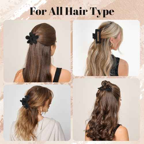 Hair Clips for Women: Non-Slip Strong Hold Jaw Claw Clips for Thin Thick Curly Hair, Classic Black Hair Claw Set Include Large, Square, Flower, Flat & Small Clips as Christmas Gift 12Pack(Set A)