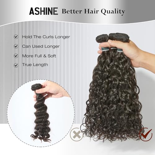 ASHINE Human Hair Bundle Deep Curly Water Wave, Unprocessed Cambodian Raw Hair 16 Inch, Flip Over Quick Weave Wet and Wave Bundles for Women Natural Black