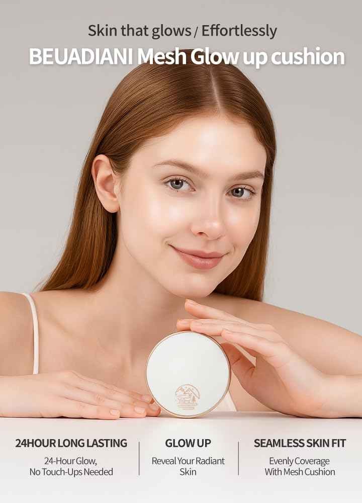 Beaudiani Mesh Glow Cushion Foundation Dewy Korean Cushion with Gemstone Complex & Skincare Benefits (12g) (#1 Natural Cover Daily (#21))