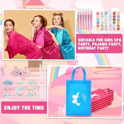 Suhine 6 Sets Girls Spa Birthady Party Supplies Birthday Print Satin Robe Tote Bags Spa Kit Nail Salon Kit(Blue, Rose Red)