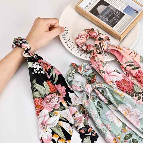 4-Piece Satin Hair Scarf Scrunchies for Women Girls, No Damage Cute Hair Ties with Bow Ribbons Ponytail Holders Elastic Rubber Bands (Lily)