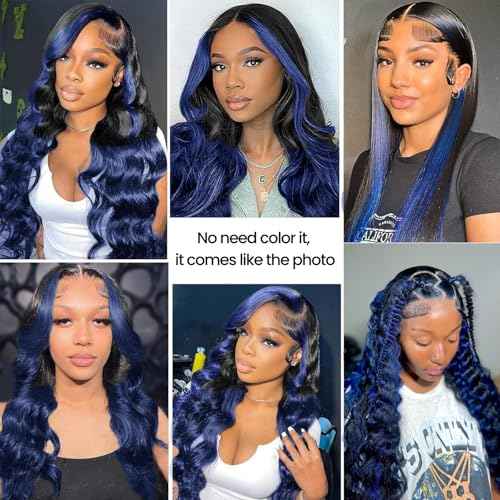 ALHER Midnight Blue 3 Bundles with 4x4 HD Lace Closure Human Hair 16 18 20+16 Inch, Body Wave #F1B/BlueBlack Roots to Blue Colored Bundle Wavy 100% Remy Hair Bundles with Closure Free Part